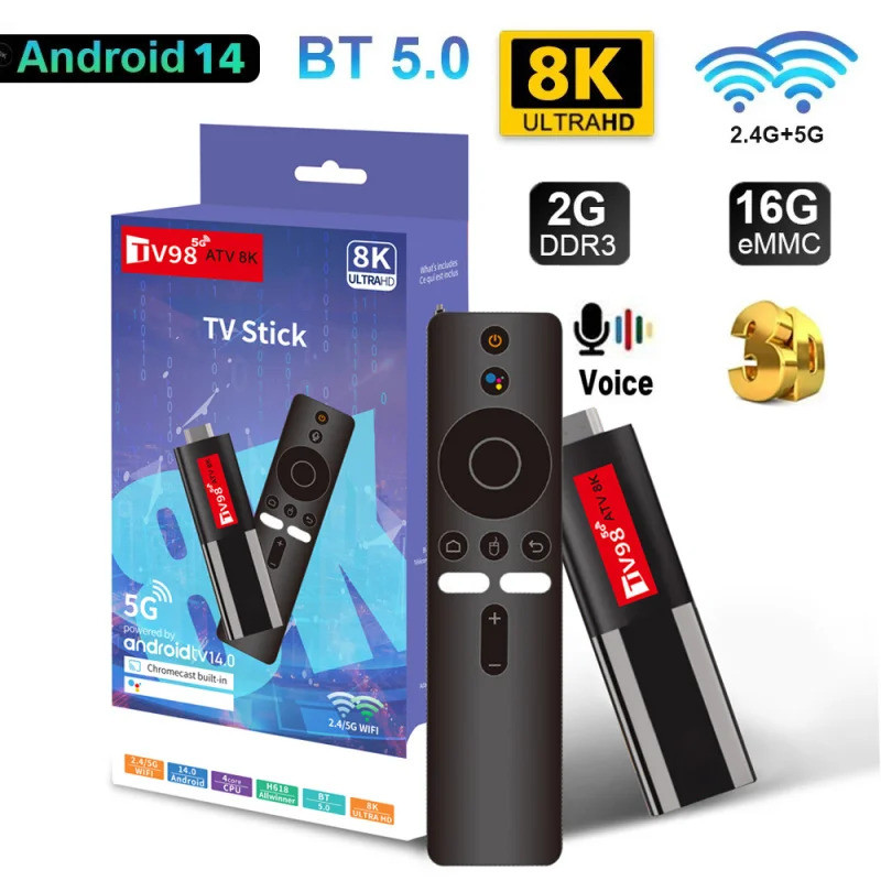 TV98 ATV MINI TV Stick Android 14รองรับวิดีโอ8K 4K BT5.0 3D 5G WiFi 6 ALLWINNER H618 2GB 16GB Voice 