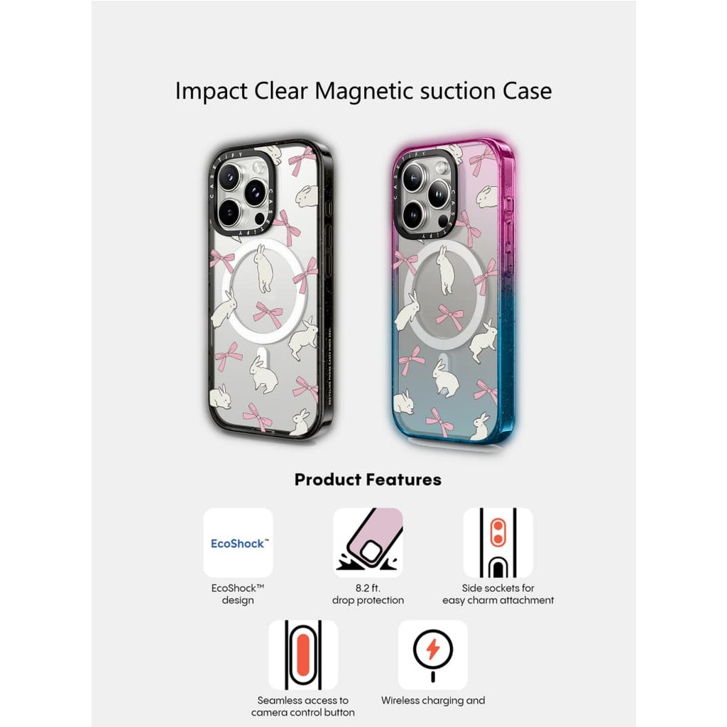 Casetify X กระต่ายริบบิ้นแม่เหล็กดูด Hard อะคริลิคด้านหลังสําหรับ Apple IPhone 12 13 14 15 16 Pro Max Plus พร้อมกล่อง