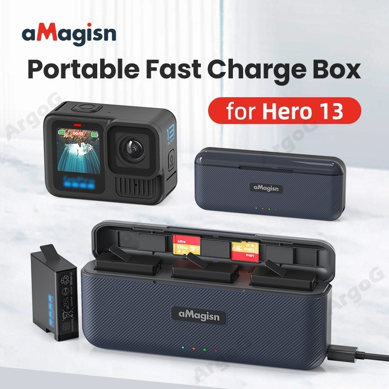 Amagisn Fast Battery Charger Hub สําหรับ GoPro Hero 13 เคสชาร์จแบบพกพาพร้อม Micro SD Storage Slots PD Fast Charging Go Pro 13 อุปกรณ์เสริม