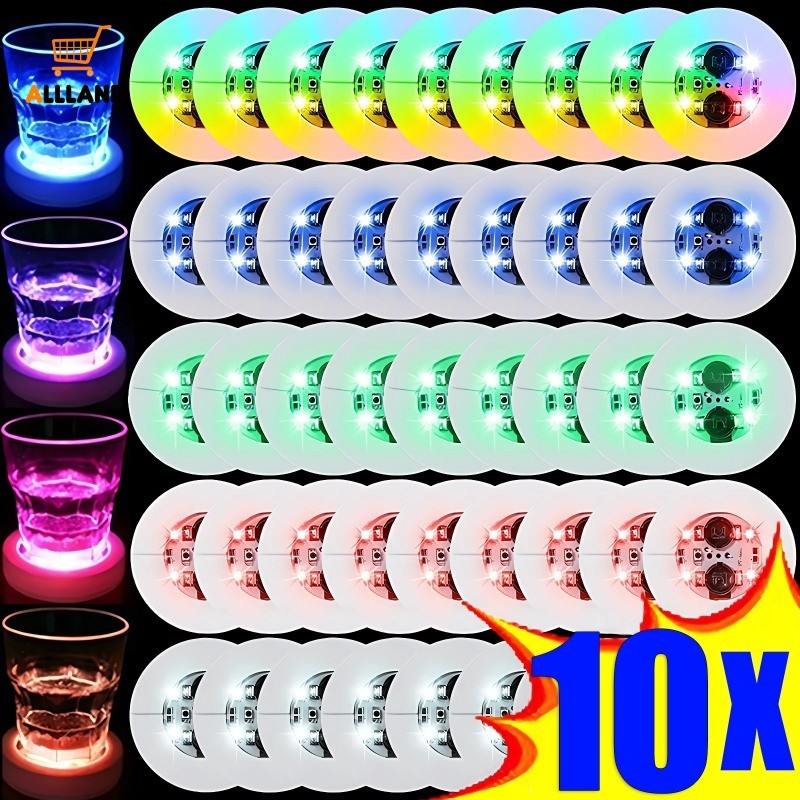10 ชิ้น LED Coaster Light Up ขวดสติกเกอร์เครื่องดื่มเหล้า Luminous ถ้วย Club Bar Party รถงานแต่งงานแจกันตกแต่ง