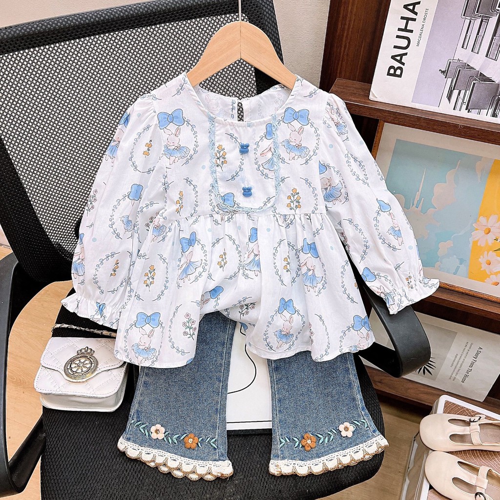 100-140cm ancore Lala ชุดสูทแขนยาวเด็กผู้หญิงเสื้อผ้าเด็กผู้หญิงเสื้อกระต่ายน่ารักชุดกางเกงยีนส์ลูกไม้