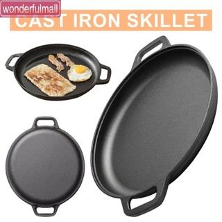 ♚WM♚Cast Iron Frying Pan 28/30/33/35CM Flat Pancake Griddle  with Dual Handles  Non-stick Pancake Pizza Pan Stone Cooker Round BBQ Grill Pan for Crepes