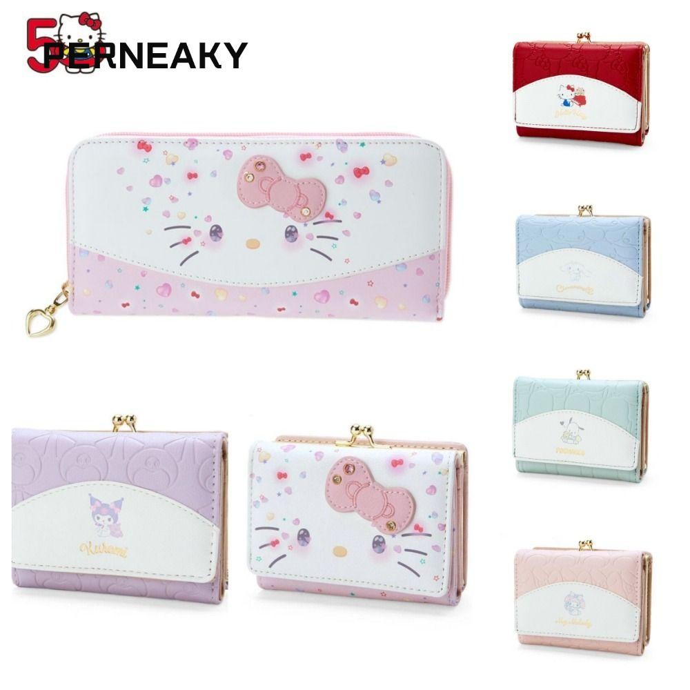 Perneaky กระเป๋าสตางค์หนัง PU, แฟชั่นลําลอง Kawaii Kuromi Cinnamoroll กระเป๋า Hello Kitty, ของขวัญวันเกิดน่ารักกระเป๋าบัตรพับ