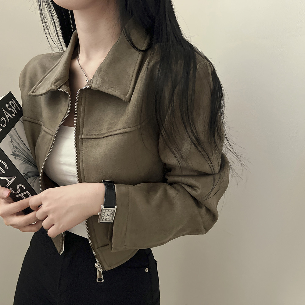 Chic French Retro Simple สีทึบ All-Match Zipper Lapel Suede Jacket เสื้อโค้ทสั้น
