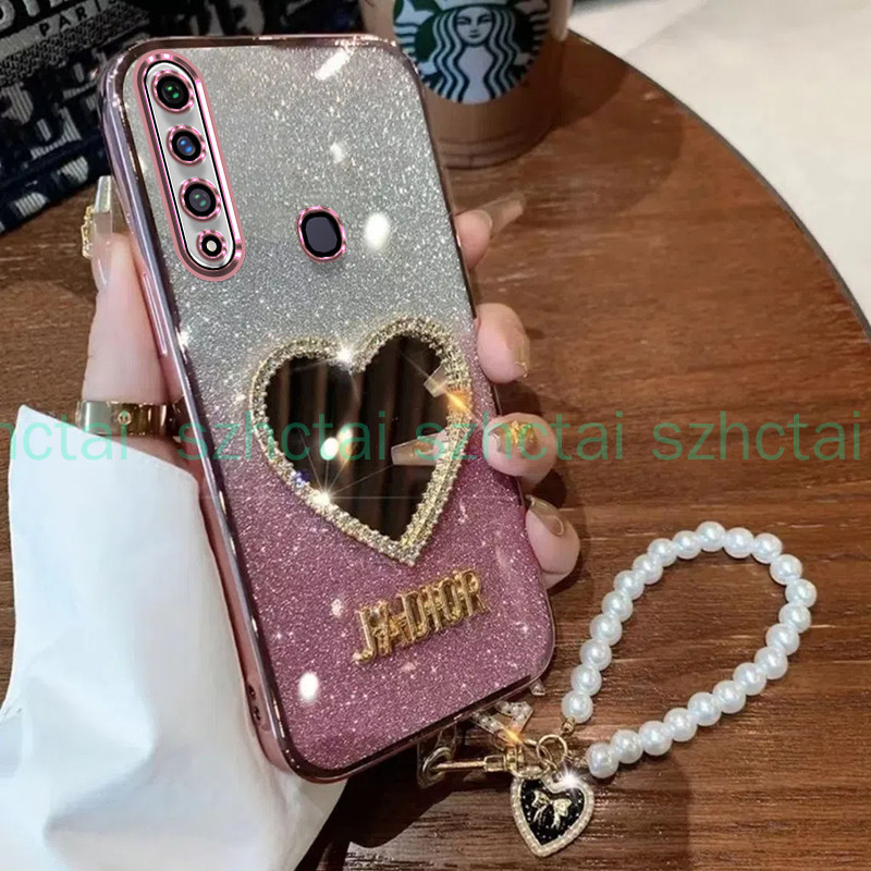 เคส Huawei y6p y9 prime 2019 y9s หรูหราเครื่องสําอางแต่งหน้ารักกระจกเคสนิ่มพร้อมสร้อยข้อมือเชือกเส้น