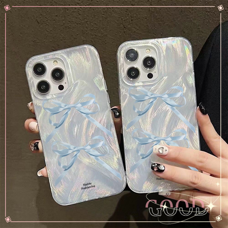 GOOD จากประเทศไทย เคส ไอโฟน ขนนกสีเงิน อ่อนนุ่ม บัลเลต์คอร์ สำหรับiPhone 11 15 12 14 13 Pro Max 14P/15PLUSโบว์สีน้ำเงิน