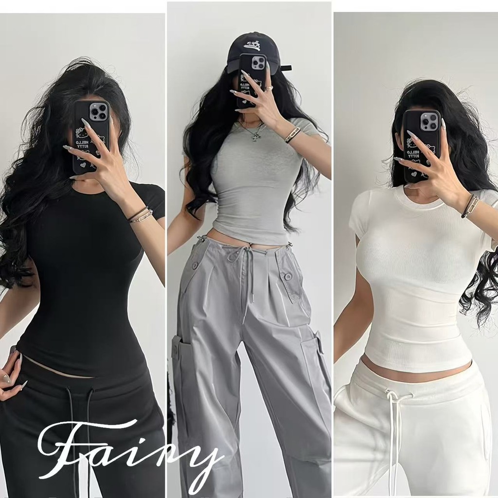Fariy🍒มีสินค้า🍒เสื้อยืดแขนสั้นสไตล์ยุโรปและอเมริกาขั้นพื้นฐานของผู้หญิงเสื้อบอททอมใหม่สลิมมิ่งสาวร้อนเสื้อครอปสั้น