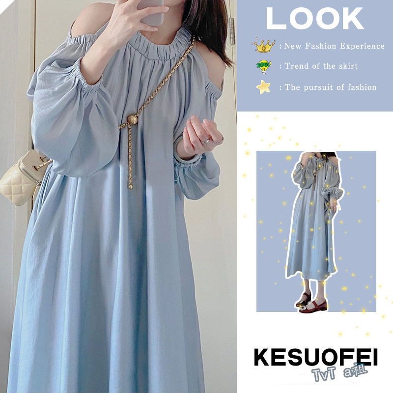 ส่งไวจากไทย⭐Summer⭐S-2XLชุดฟองแขนสีฟ้าฝรั่งเศสผู้หญิงปิดไหล่กระโปรงยาว（จัดส่งตลอด 24 ชั่วโมง）