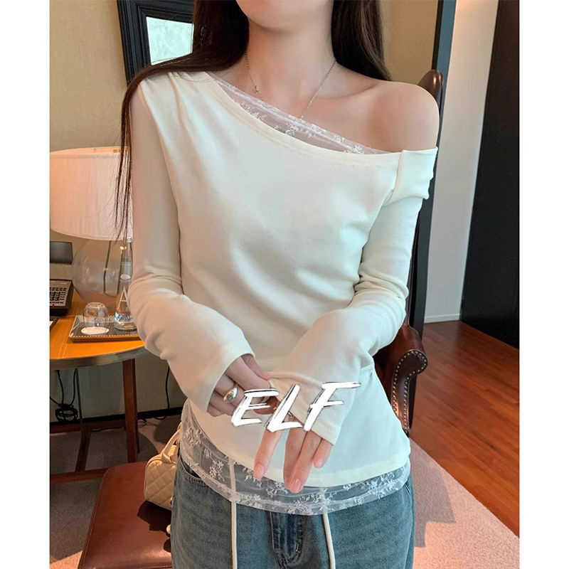 เสื้อยืดแขนยาวไหล่เอียงแผงลูกไม้ด้านบนปิดไหล่บางของผู้หญิง