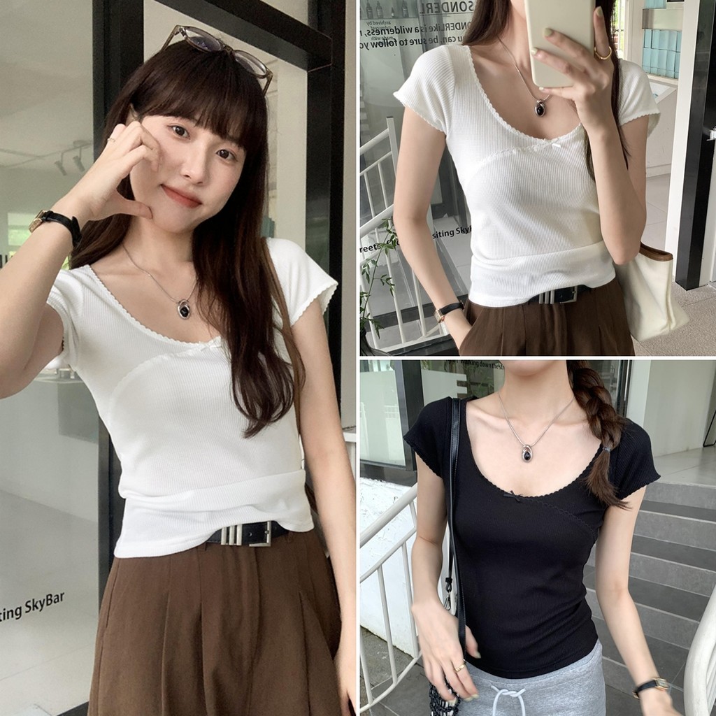 Betty house พร้อมส่ง เสื้อครอปเซ็กซี่ เสื้อยืดแฟชั่นผู้หญิง คอกลมแขนสั้น ดีไซน์เก๋ไก้ แต่งโบว์ ผ้าวาฟเฟิล