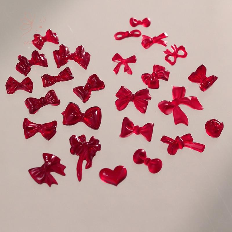[maybeauty] 50 ชิ้นสไตล์ฝรั่งเศส Bows อุปกรณ์เล็บขนาดผสม 3D ไวน์แดง Bowknot Nail Ch ฤดูหนาวตกแต่งเล็บน่ารักอะไหล่ {TH} - รูปที่ 4