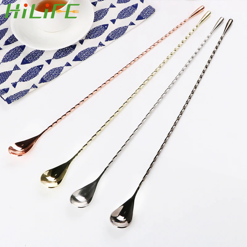 HILIFE 30/40cm Stainless Steel Stir Bar Spoon Mixing Ounces Cocktail Spoon Spiral Pattern Bartender 