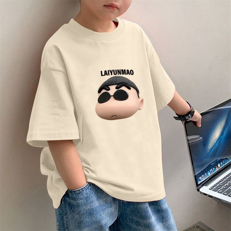 Kid Shirt(15-50kg) ผ้าฝ้าย 100% บางหลวมเสื้อยืดแขนสั้นเสื้อยืดคอกลมการ์ตูนพิมพ์ฤดูร้อน Tops