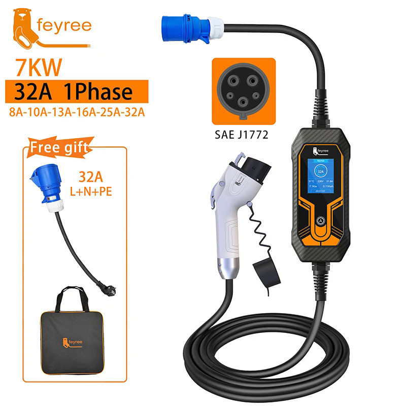 feyree Portable EV Charger Wallbox Type1 j1772 7KW 32A 1Phase with CEE Plug EVSE Charging Box for El