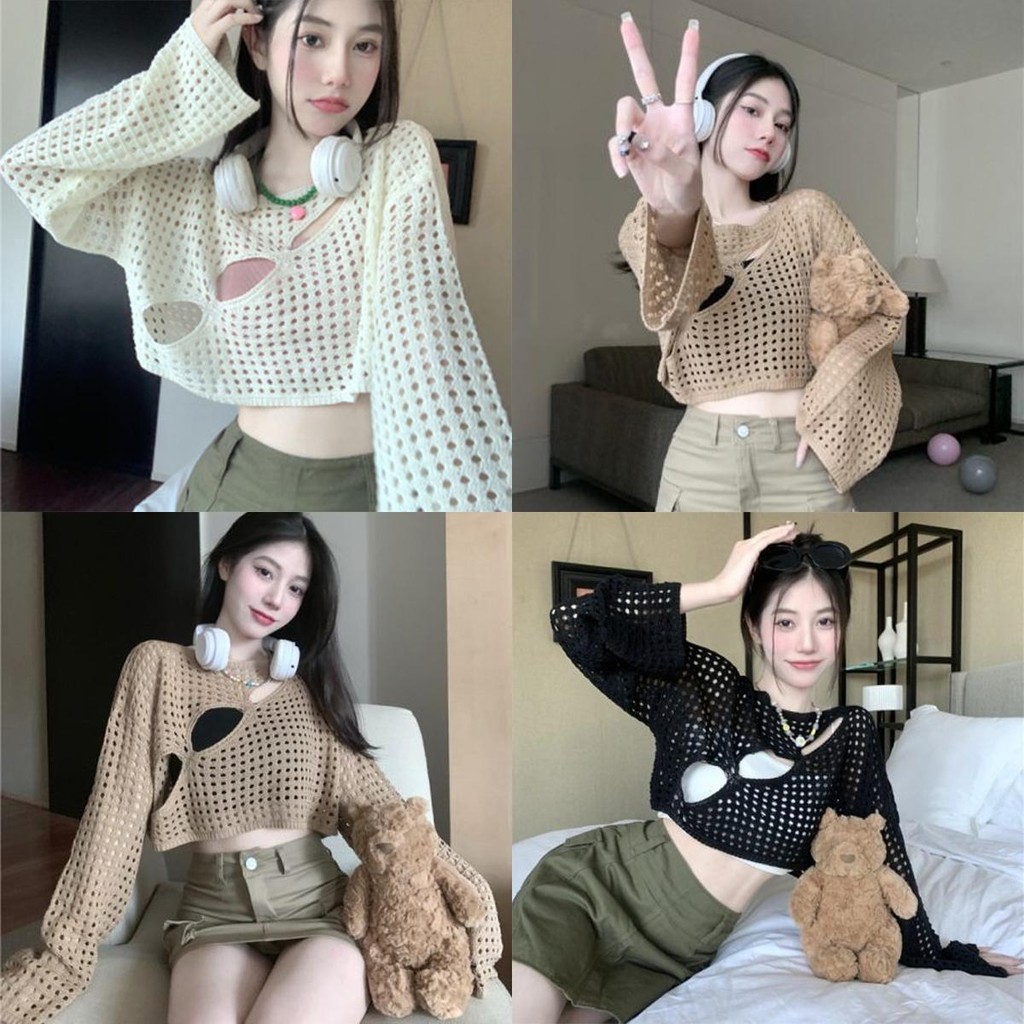พร้อมส่ง เสื้อครอปแขนยซีทรู ตาข่ายดีเทลเจาะรูหน้าอกเพิ่มความเซ็กซี่ " รุ่น6709 ผู้หญิง สีกากี Clothing Women Lady