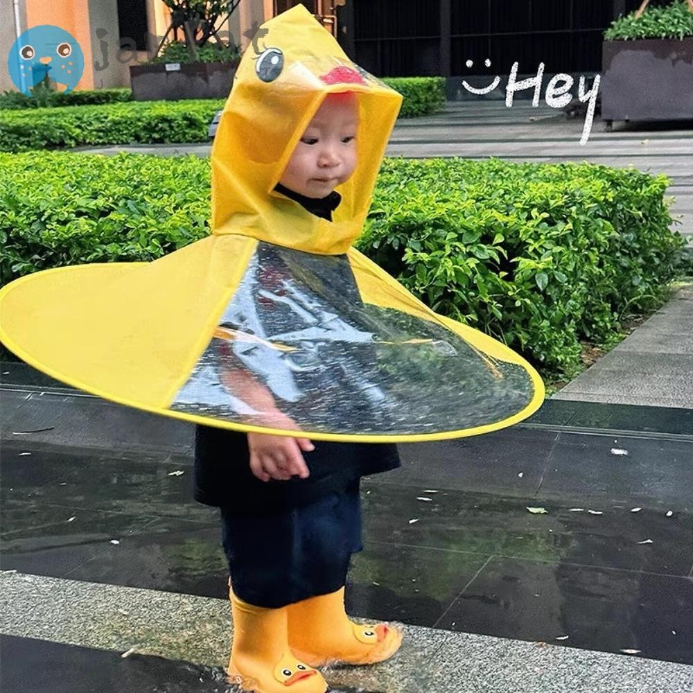 เสื้อแจ็คเก็ตกันฝนสำหรับเด็ก ดีไซน์การ์ตูน พีวีซี พร้อมหมวกคล้องแก้มเป็ดน้อยสีเหลือง กันน้ำน่ารัก
