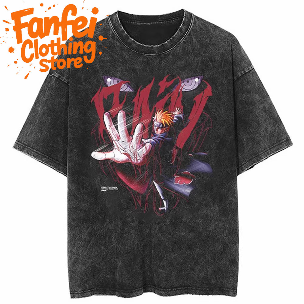 (จัดส่งตลอด24ชั่วโมง) Fanfei Naruto Anime Peripheral Washed Short Sleeve T-Shirt ผ้าฝ้ายแท้สำหรับฤดูร้อนย้อนยุค