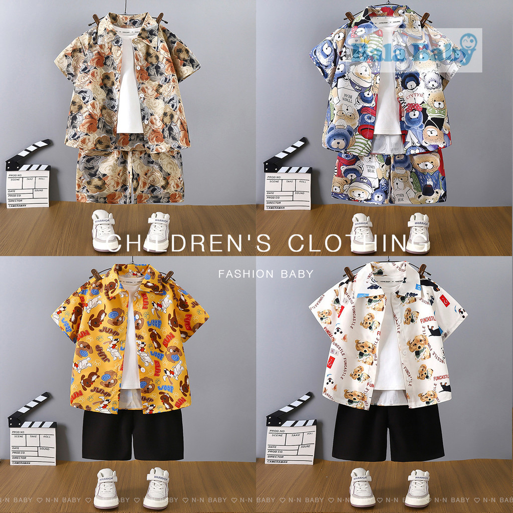 ชุดเสื้อเด็ก ชุดลำลองเด็กผู้ชาย เชิ๊ตแขนสั้น+กางเกงขาสั้น เสื้อผ้าเด็ก 2 ชิ้น Size 80-120 cm DXT88