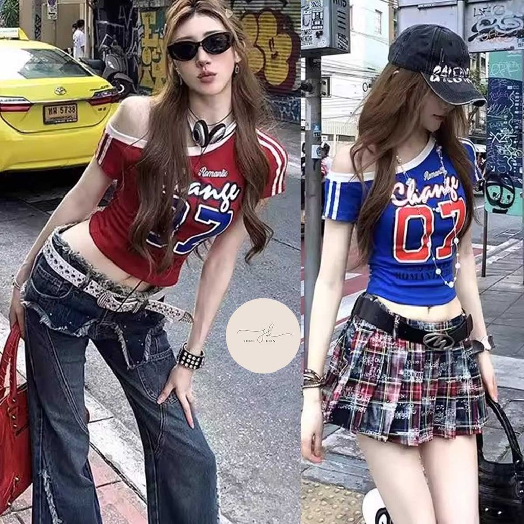 เสื้อยืดเทสดี ลายพิมพ์ไหล่เฉียง สไตล์เซ็กซี่ สำหรับสาวแซ่บ