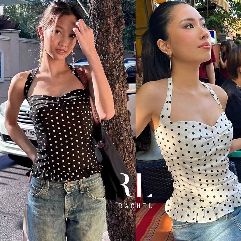 เสื้อคล้องคอ สไตล์หวาน ลายจุด ทรงเอวสูง