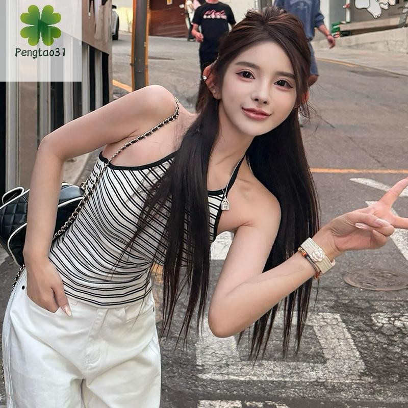 [peg] เสื้อชั้นในสตรีแขนกุดคอเชือกแขวนคอลายทางย้อนยุคเซ็กซี่ฤดูร้อนสําหรับผู้หญิง [VN]