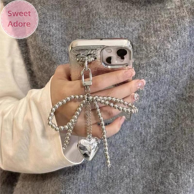 SweetAdore Bowknot Beaded Heart Pendant Phone Charm Bag Decor Key Ring VN