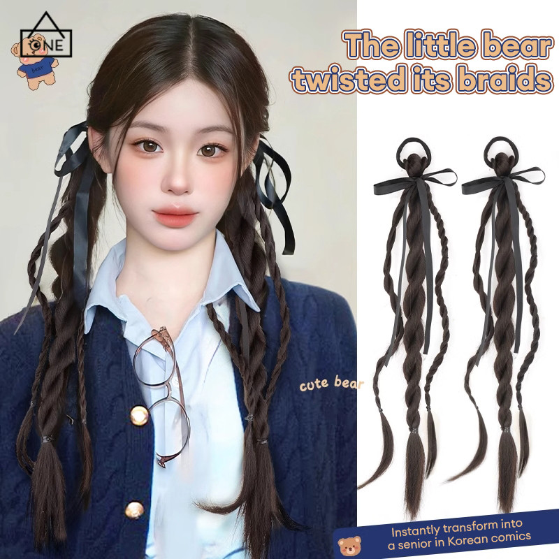 COD❤️วิกผมไหมทนความร้อนสูงสำหรับผู้หญิง ทรงเกลียวคู่ ถักเปียสองข้าง หางม้าสองข้าง-a.one