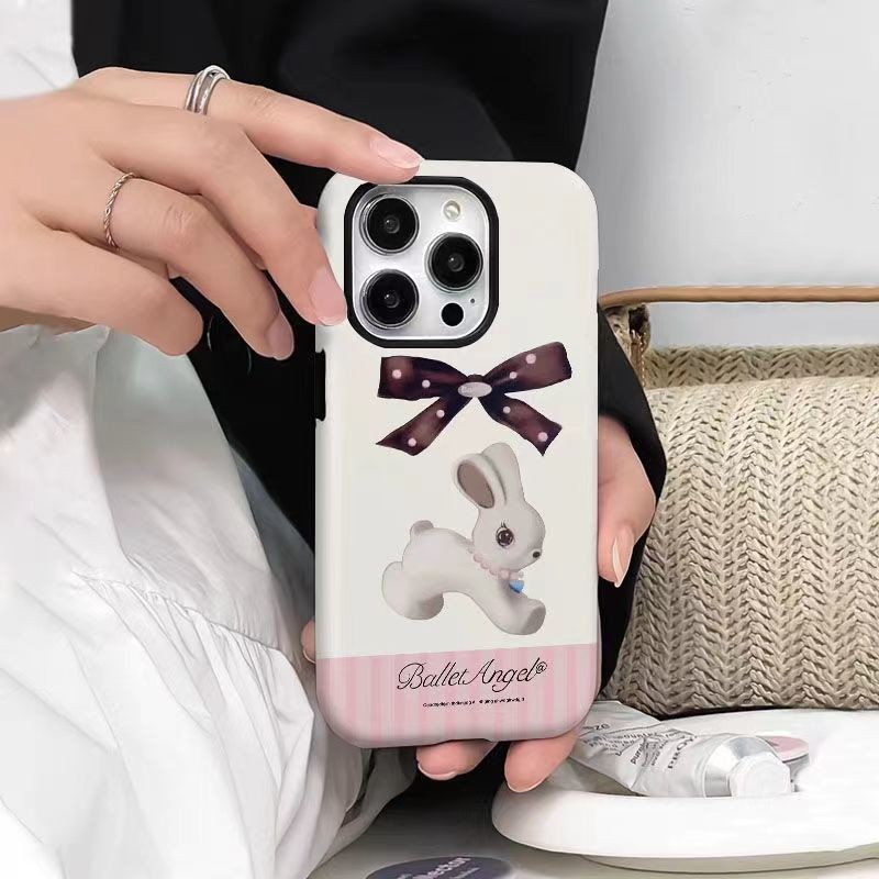 เวอร์ชั่นเกาหลีที่เรียบง่ายโบว์กระต่ายสีขาวป้องกันกรณีเข้ากันได้iPhone16 15 14 13 12 11 Pro Max XS M