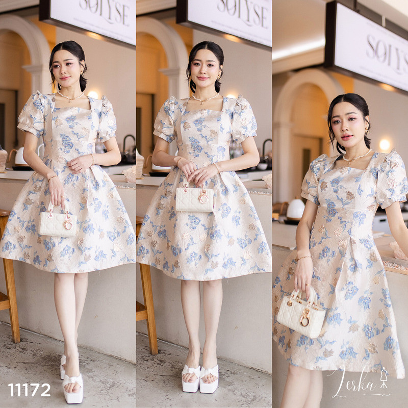 เดรสสีฟ้า ครีม ผ้าแจ็กการ์ด #code11172
