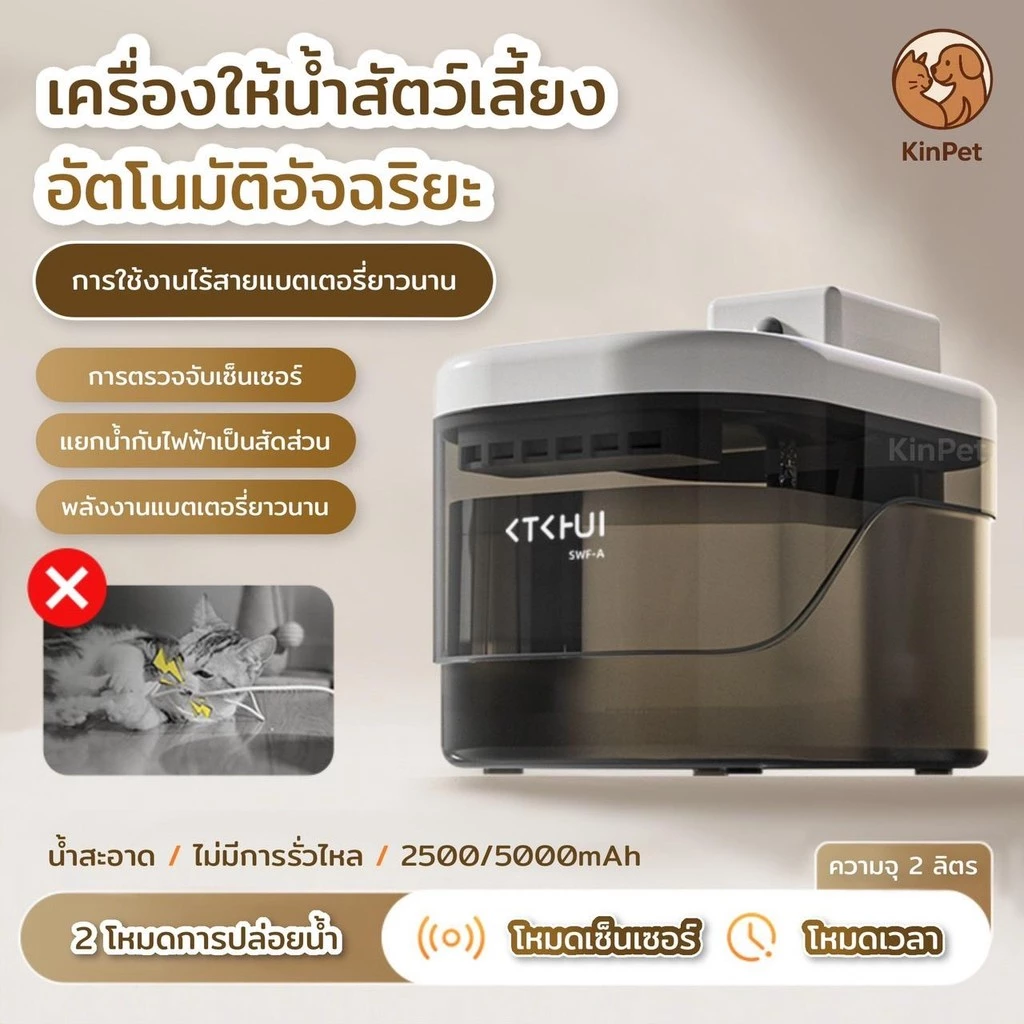 [รับประกัน 2ปี] น้ำพุแมวไร้สายอัตโนมัติ ระบบเซนเซอร์ ระบบน้ำไหลเงียบ น้ำพุแมวไร้สาย น้ำพุแมวใส่ถ่าน สองโหมดการทำงานฟรี