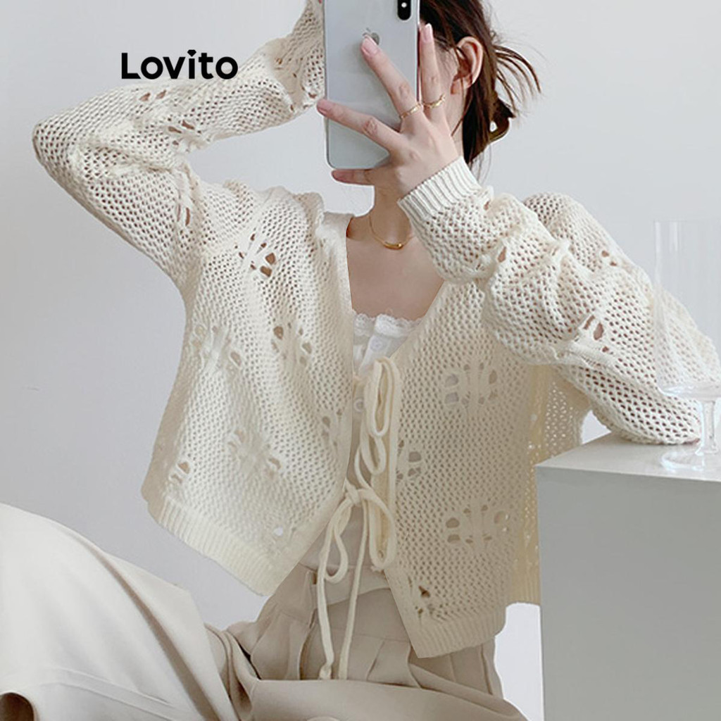 Lovito เสื้อคาร์ดิแกนผู้หญิง ผูกเชือก ปักตาไก่ สีพื้น สไตล์ลำลอง LNM67107
