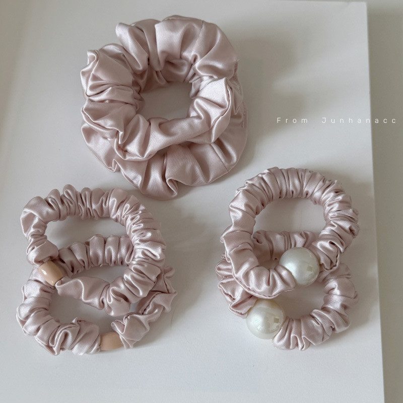 Sweetheart Cream Pink Hair Tie สไตล์เกาหลี ซาติน เพิร์ล ยางรัดผม