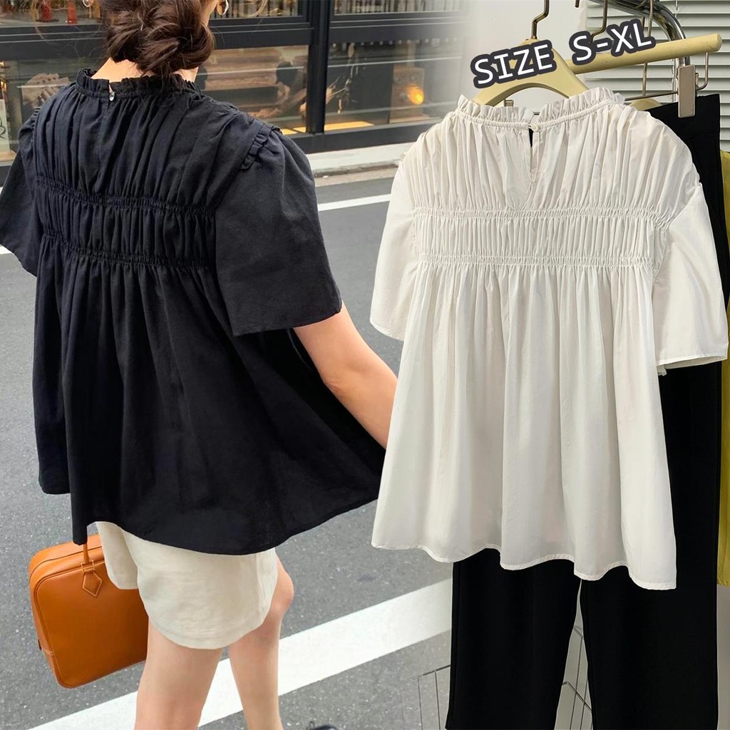 Chili Koko เสื้อเชิ้ต สไตล์เกาหลี ชิคๆ คอตั้ง ดีไซน์จีบ ทรงหลวม สไตล์ลูกพลับ คอกลม แขนสั้น เสื้อเบลาส์ W628