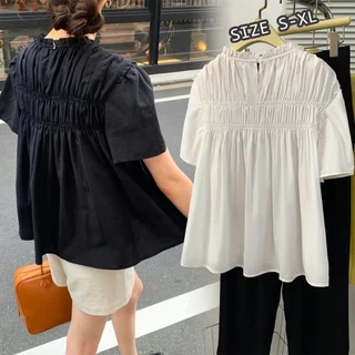 Chili Koko เสื้อเชิ้ต สไตล์เกาหลี ชิคๆ คอตั้ง ดีไซน์จีบ ทรงหลวม สไตล์ลูกพลับ คอกลม แขนสั้น เสื้อเบลาส์ W628