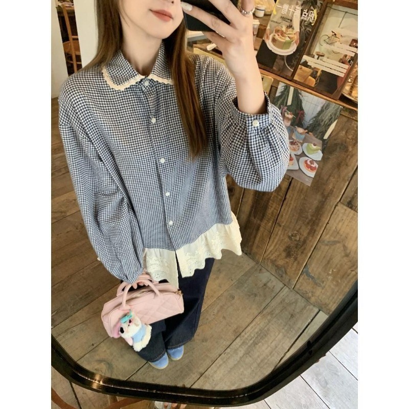 LINNA~Xเวอร์ชั่นเกาหลี ตาหมากรุก ขอบลูกไม้ แขนยาว เสื้อเชิ้ต สไตล์ใหม่ แฟชั่น สไตล์หวาน - รูปที่ 2