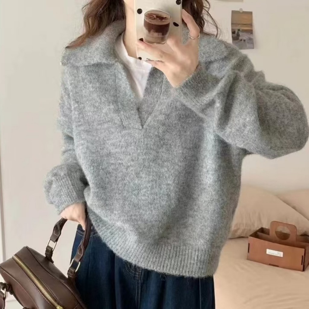 เสื้อกันหนาวสำหรับผู้หญิง สไตล์ฝรั่งเศสนุ่มนวล แบรนด์พรีเมียม ฤดูใบไม้ร่วงและฤดูหนาว ทรงหลวมสวมสบาย เข็มขนาดใหญ่ - รูปที่ 5