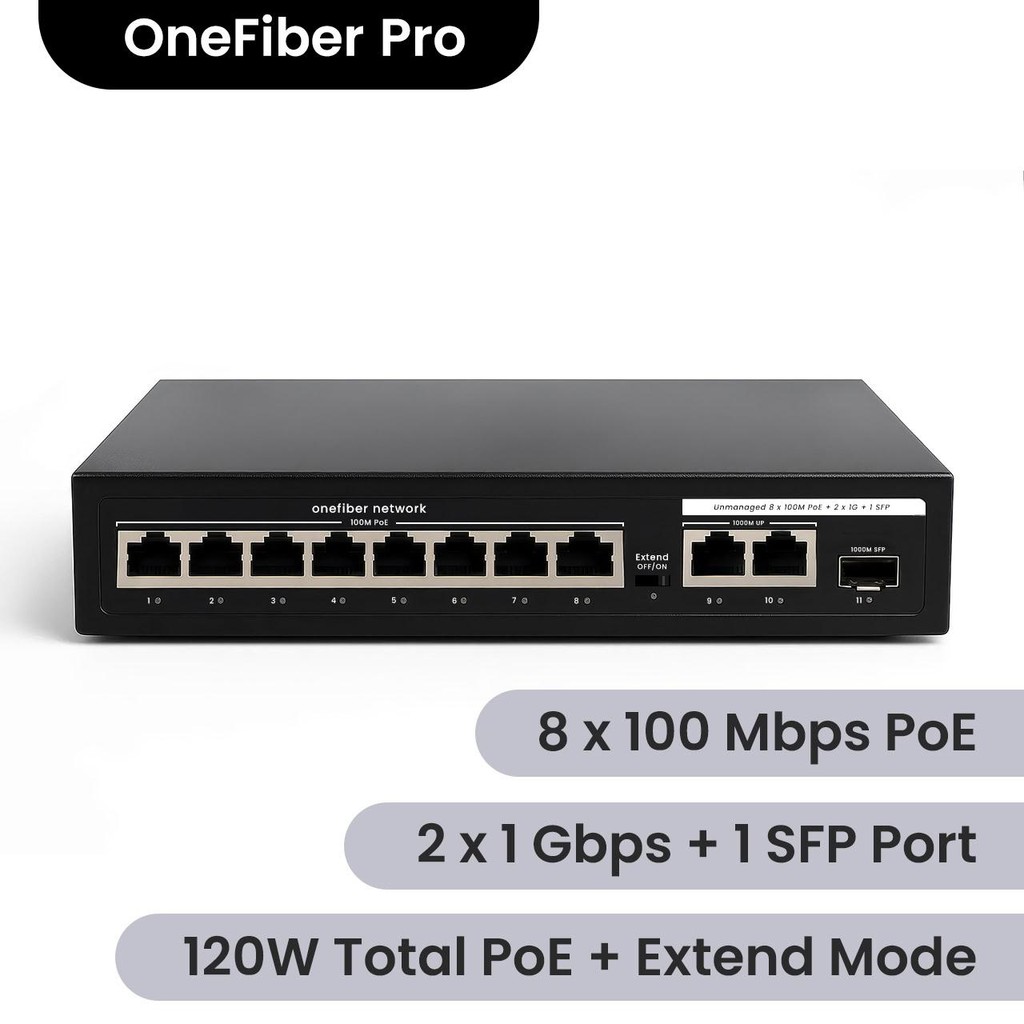 Onefiber PoE Switch Hub 8 x 100 Mbps PoE RJ45 + 2 x 1 Gbps RJ45 + 1 x 1 Gbps SFP