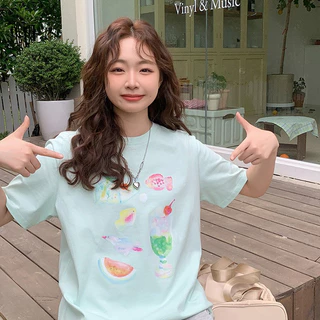 KYO 🍨 เสื้อยืดสตรีไซส์ใหญ่ คอกลม สไตล์เกาหลี Cotton 100% ผ้านุ่มใส่สบาย ใส่ได้ทุกโอกาส "ice cube drink"【COD】
