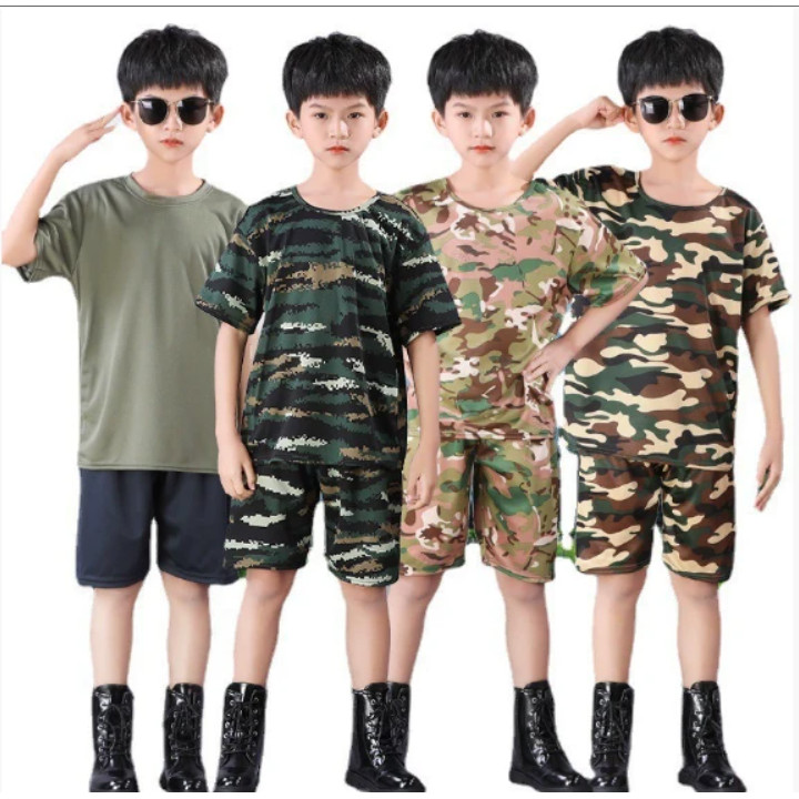2PCS ชายหญิงเสื้อผ้าเด็ก 3-13 ปี cool boy 2 ชิ้น/เซ็ต tshirt + กางเกงขาสั้นกางเกงชุดพรางเสื้อผ้า Breathable แขนสั้น Army ทหารแกล้งคอสเพลย์กลางแจ้ง