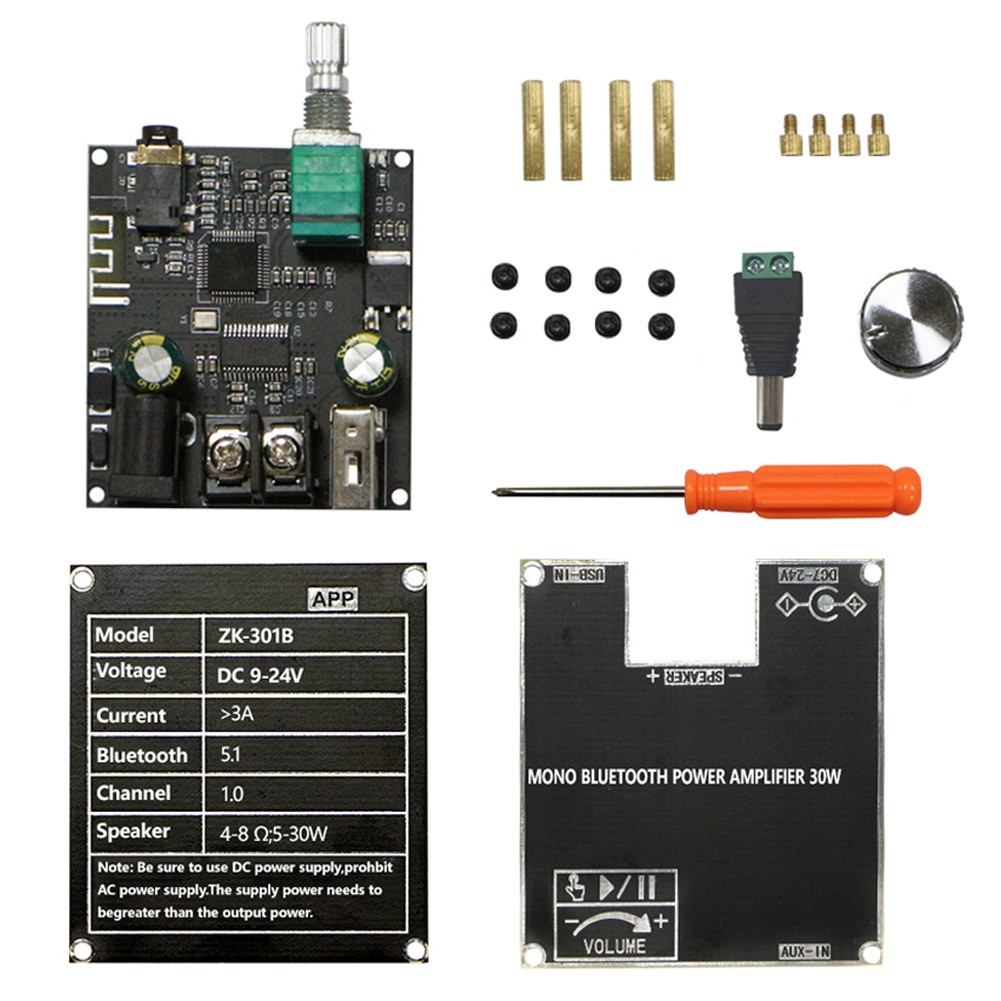 ZK-301B แบบพกพา SingleTrack 30W เครื่องขยายเสียงขนาดกะทัดรัด BT5.3 บอร์ด AMP เสียงโมโนช่องพร้อมกล่อง