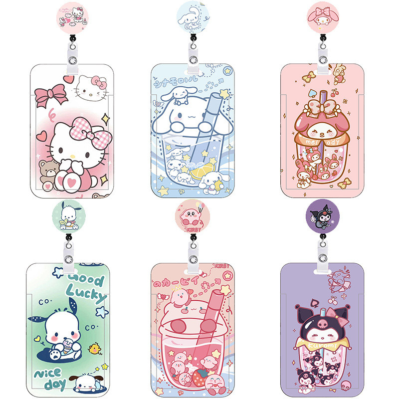 Sanrio Easy-Pull Buckle Meal Card Holder นักเรียนหญิงยี่ห้อ Kuromi Big-Eyed Frog Retractable ID Holder สาวหัวใจ Access Control