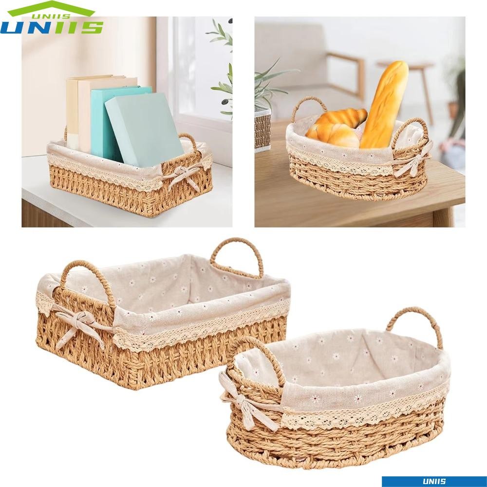 UNIIS ตะกร้าเก็บหวาย, เลียนแบบหวายผักผลไม้ตะกร้าทอมือ, ที่เก็บของเล่นอเนกประสงค์ตกแต่งบ้าน Desktop Sundries Organizer