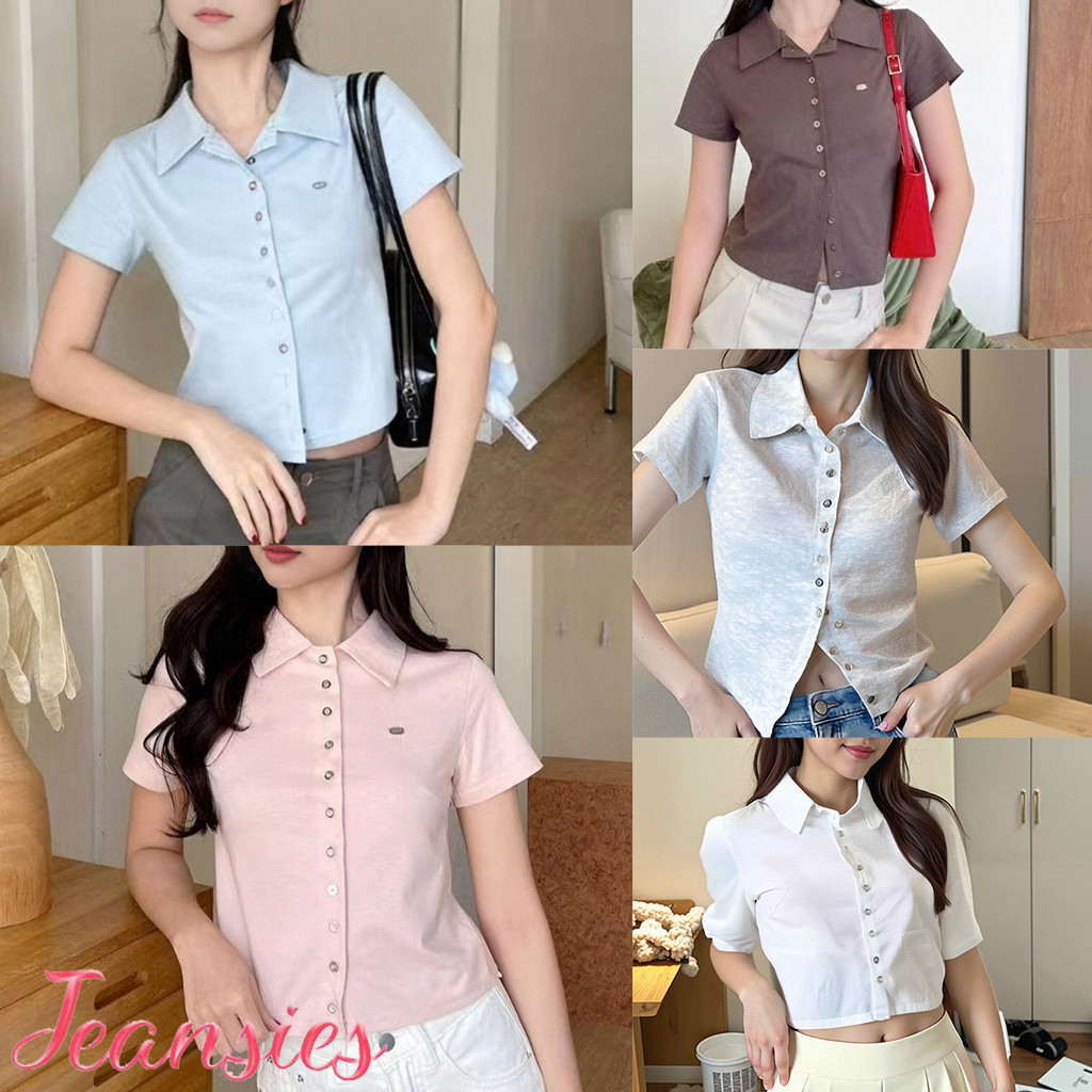 สไตล์เกาหลี เสื้อคอปก แขนสั้น ผ้าฝ้ายใส่สบาย