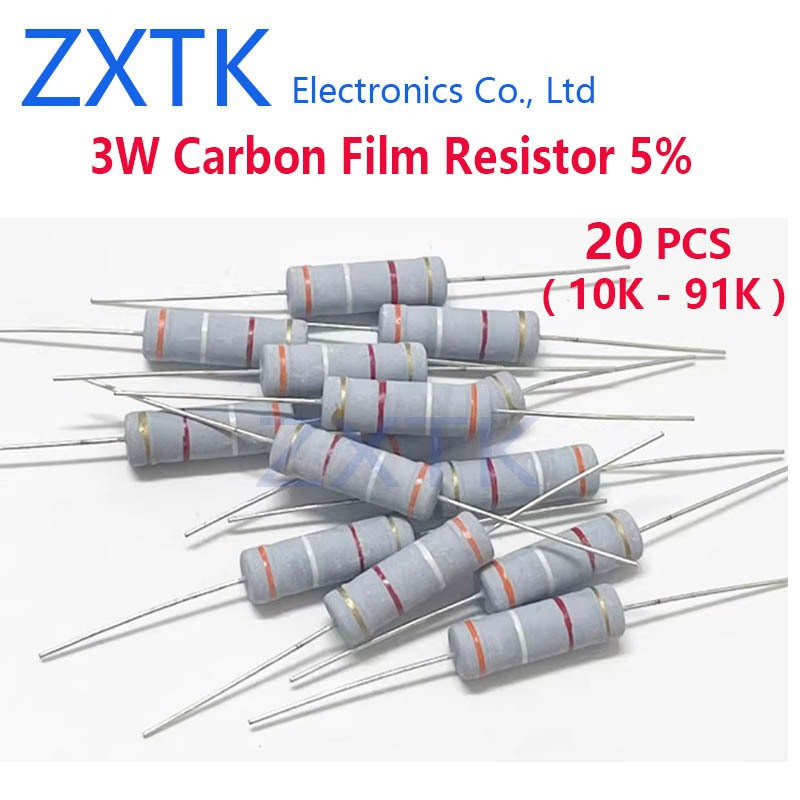 CHIP IC 20PCS 3W Carbon Film Resistor 5% แหวนสี 10K-91K 10K 12K 15K 18K 20K 22K 24K 27K 30K 33K 82K 