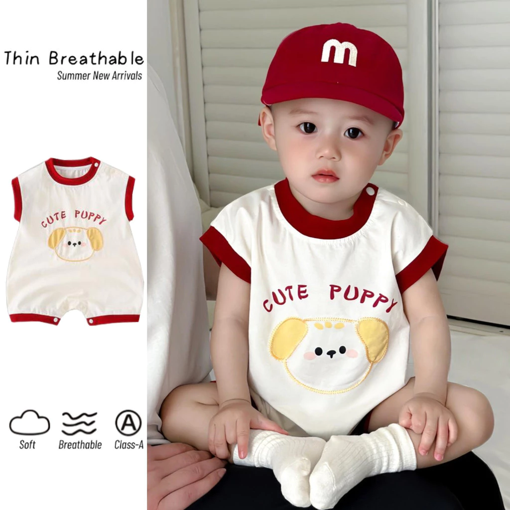 ชุดบอดี้สูทแขนกุดสำหรับเด็กวัยหัดคลาน ออกแบบด้วยลายการ์ตูนน่ารักของลูกสุนัข สวมใส่ง่ายและระบายอากาศได้ดี