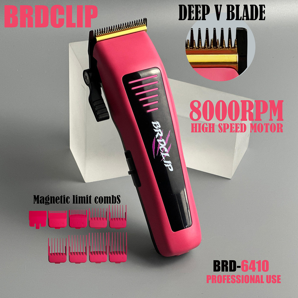 BRDCLIP 6410 สีชมพู Professional ตัดผมผม Clipper 8000RPM ความเร็วสูงมอเตอร์ DLC FADE Deep V ใบมีด 4500mAh ไฟฟ้า Trimmer Salon