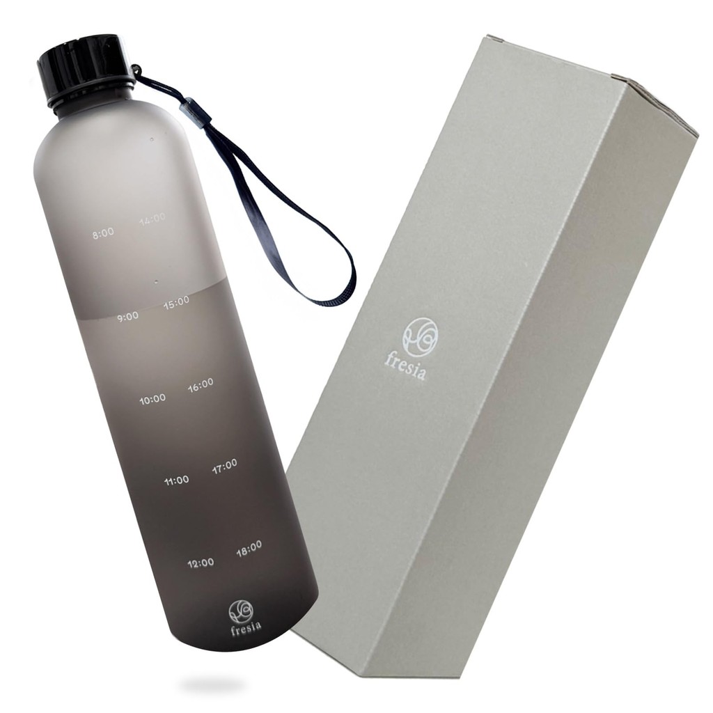 Fresia 1-Liter Water Bottle with Time Markers 【Helps Track Daily Water Intake of 2 Liters】 BPA-Free,