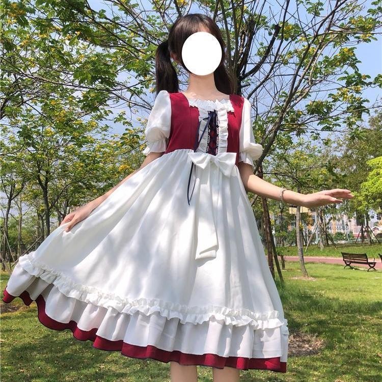 Lolita Blouse Dress สไตล์วินเทจ แขนสั้น มีระบาย สำหรับใส่วัน.daily