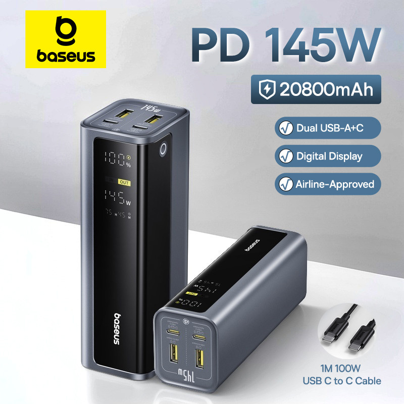 Baseus ใหม่ 145W Power Bank 20800mAh Dual USB C PD 100W Fast Charging จอแสดงผลดิจิตอลแบบพกพา PowerBank สําหรับแล็ปท็อปโทรศัพท์ Steam