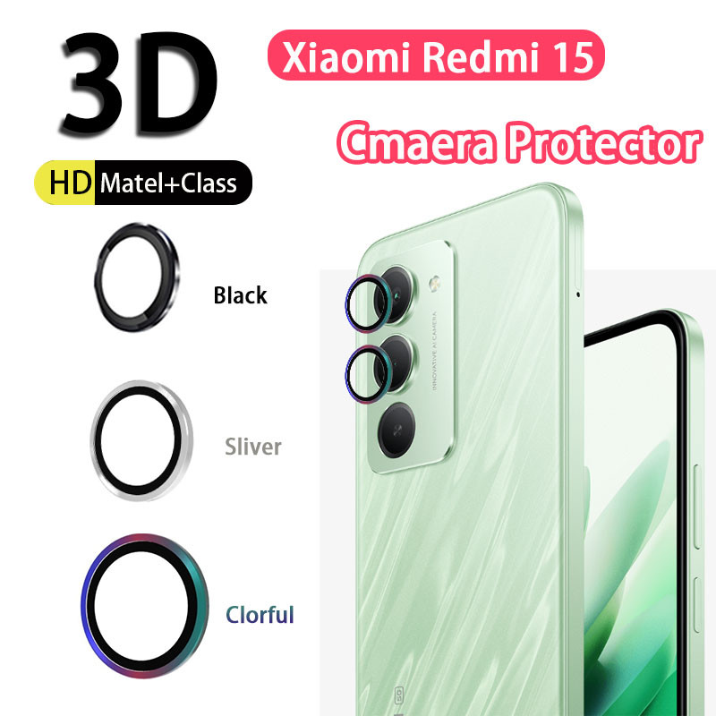 ตัวป้องกันกล้องสําหรับ Xiaomi Redmi 15 15C 4G 5G 2025 กรณี 3D ฝาครอบโค้งกระจกนิรภัย Matel แหวนกล้องเลนส์ป้องกันฟิล์ม